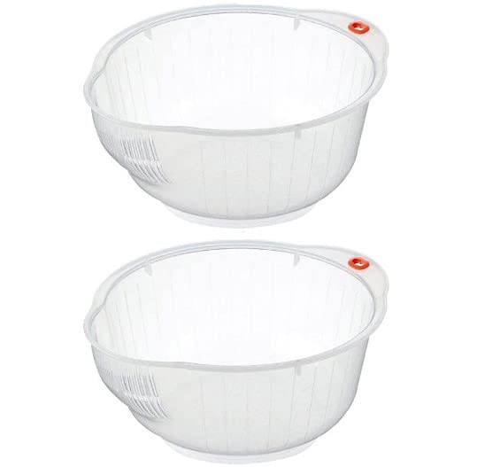 Japanese Rice Washing Bowl with Side and Bottom Drainers, Clear 2 Pack