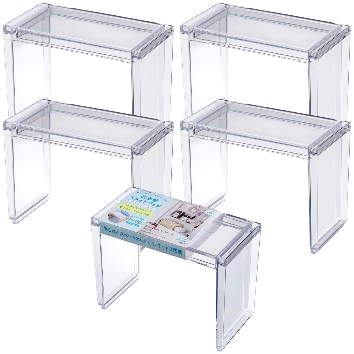 Small Storage Bathroom Mirror, Slide Rack, 5 Pieces, Clear